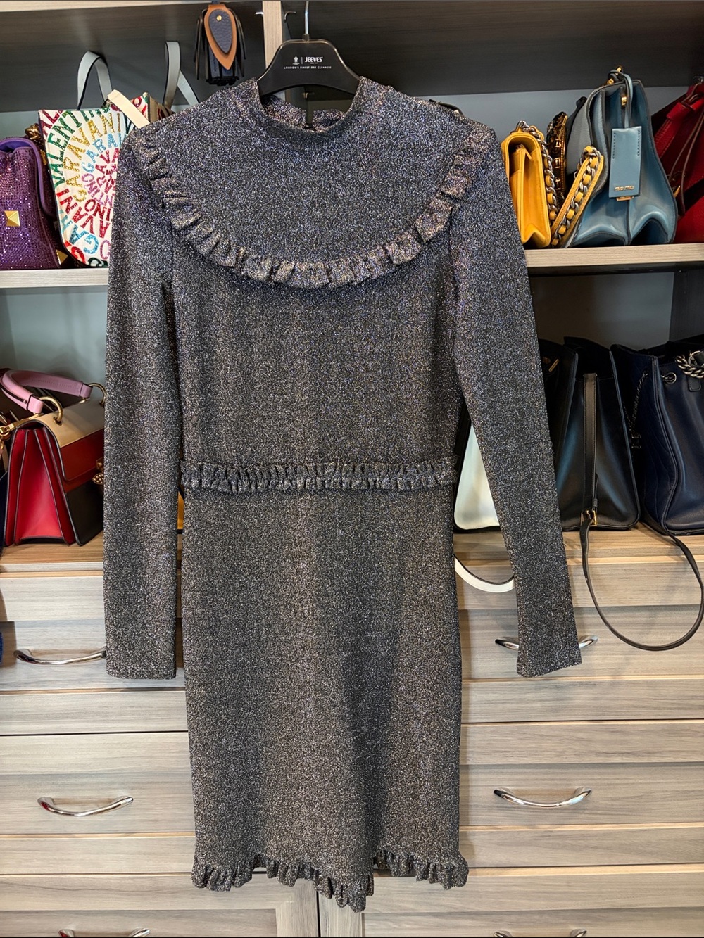 Maje Metallic Knit Long-Sleeve Ruffle Dress - Gray